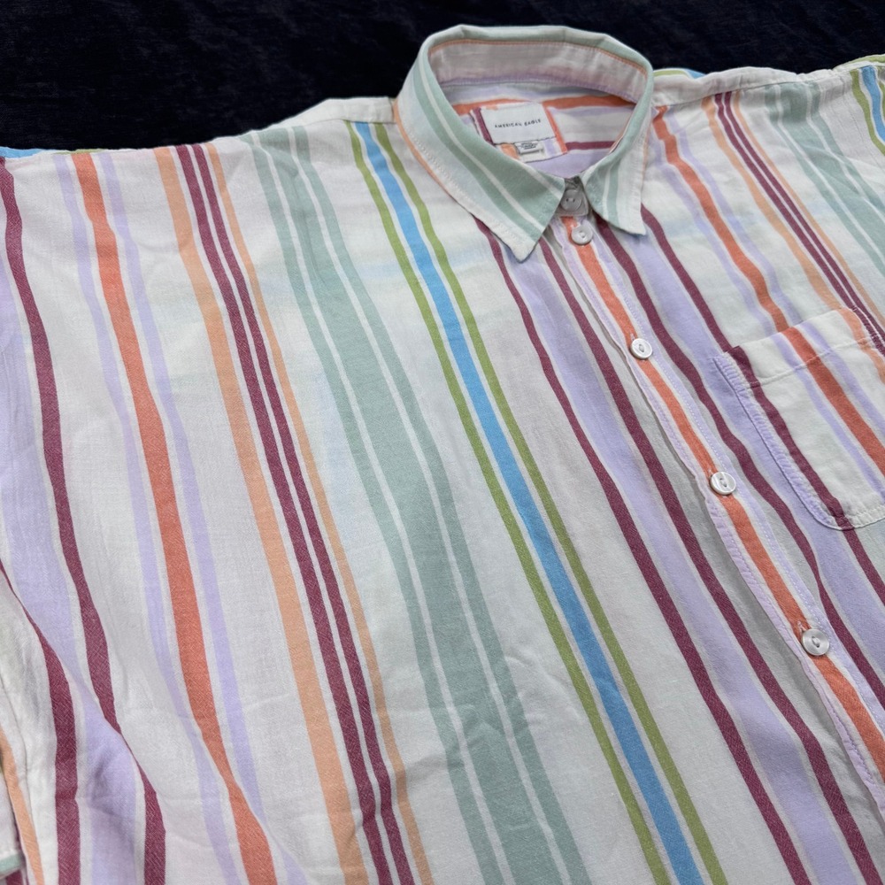 American Eagle Womens M Pastel Striped Button Down Oversized Shirt Coastal Beach - Picture 5 of 12